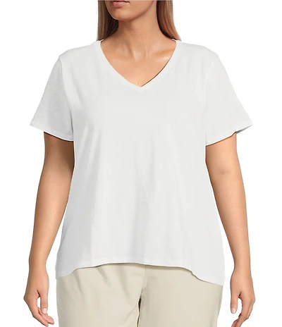 Eileen Fisher Plus Size Easy Organic Cotton Jersey Knit V-Neck Short Sleeve Tee