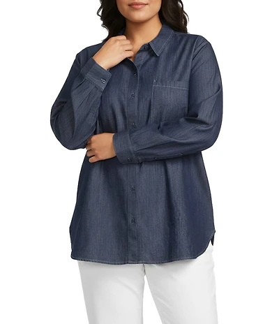 Eileen Fisher Plus Size Lightweight Organic Cotton Denim Point Collar Long Sleeve Shirt