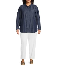 Eileen Fisher Plus Size Lightweight Organic Cotton Denim Point Collar Long Sleeve Shirt