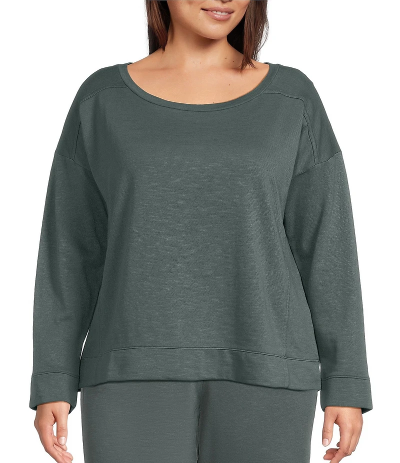 Eileen Fisher Plus Size Organic Coton Garment Dyed Terry Ballet Neck Long Sleeve Box Top