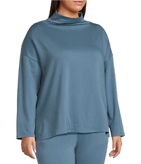 Eileen Fisher Plus Size Organic Cotton Blend Brushed Terry High Funnel Neck Long Sleeve Box Top