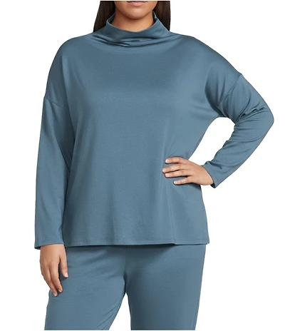 Eileen Fisher Plus Size Organic Cotton Blend Brushed Terry High Funnel Neck Long Sleeve Box Top