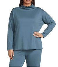 Eileen Fisher Plus Size Organic Cotton Blend Brushed Terry High Funnel Neck Long Sleeve Box Top