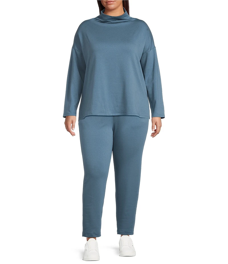 Eileen Fisher Plus Size Organic Cotton Blend Brushed Terry High Funnel Neck Long Sleeve Box Top