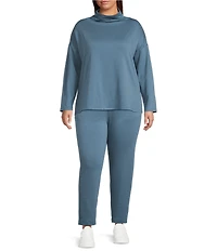 Eileen Fisher Plus Size Organic Cotton Blend Brushed Terry High Funnel Neck Long Sleeve Box Top