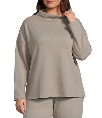 Eileen Fisher Plus Size Organic Cotton Blend Coordinating Waffle Doubleknit High Funnel Neck Long Sleeve Box Top