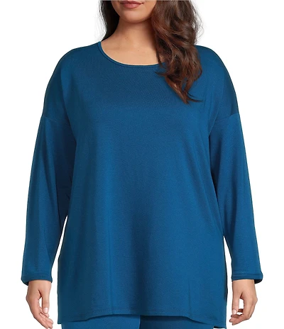 Eileen Fisher Plus Size Organic Cotton Blend Cozy Brushed Terry Round Neck Long Sleeve Box Top