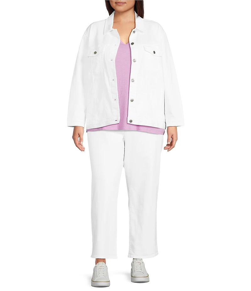 Eileen Fisher Plus Size Organic Cotton Blend Denim Point Collar Long Sleeve Jean Jacket