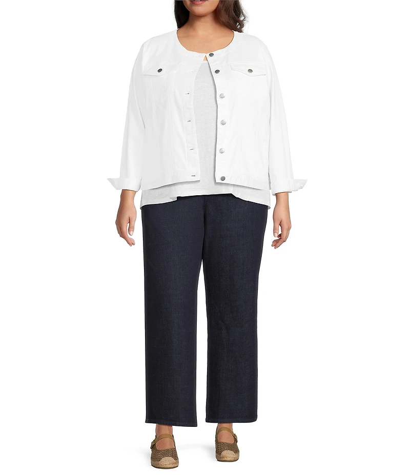 Eileen Fisher Plus Size Organic Cotton Blend Denim Round Neck Long Sleeve Patch Pocket Jacket