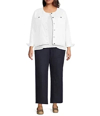 Eileen Fisher Plus Size Organic Cotton Blend Denim Round Neck Long Sleeve Patch Pocket Jacket