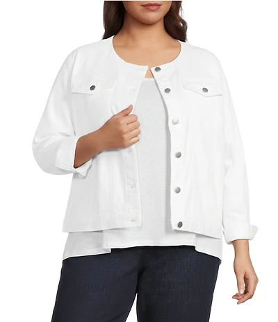 Eileen Fisher Plus Size Organic Cotton Blend Denim Round Neck Long Sleeve Patch Pocket Jacket
