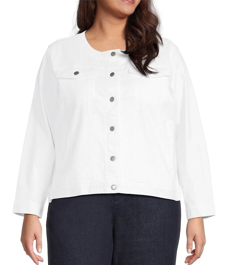 Eileen Fisher Plus Size Organic Cotton Blend Denim Round Neck Long Sleeve Patch Pocket Jacket