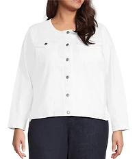 Eileen Fisher Plus Size Organic Cotton Blend Denim Round Neck Long Sleeve Patch Pocket Jacket