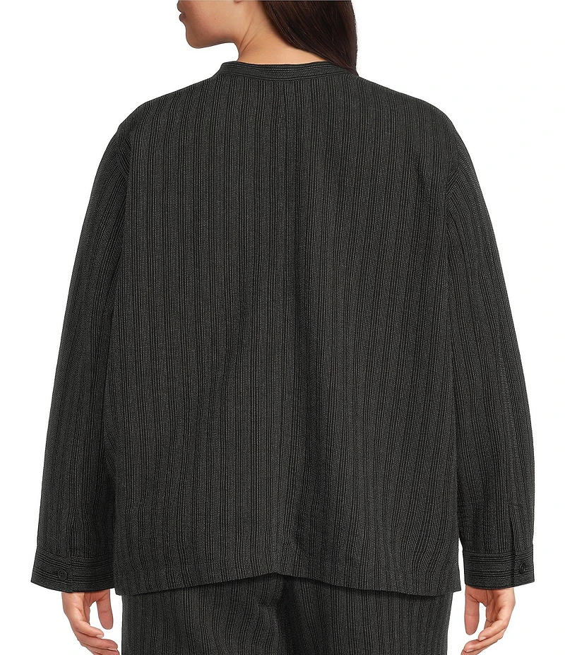 Eileen Fisher Plus Size Organic Cotton Blend Woven Stripe Mandarin Collar Long Sleeve Shirt Jacket