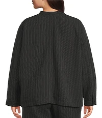 Eileen Fisher Plus Size Organic Cotton Blend Woven Stripe Mandarin Collar Long Sleeve Shirt Jacket