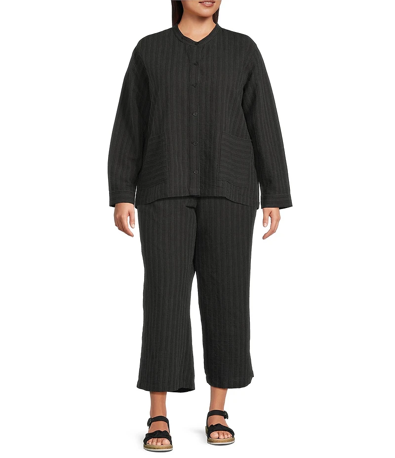 Eileen Fisher Plus Size Organic Cotton Blend Yarn-Dyed Stripe Elastic Waist Wide Crop Pants