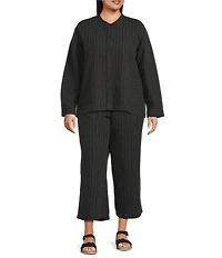 Eileen Fisher Plus Size Organic Cotton Blend Yarn-Dyed Stripe Elastic Waist Wide Crop Pants