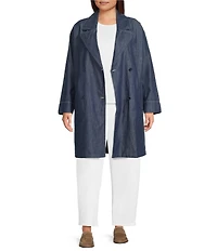 Eileen Fisher Plus Size Organic Cotton Denim Notch Lapel Long Sleeve Trench Coat