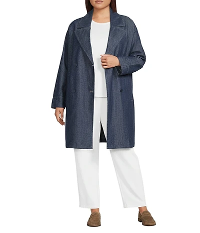 Eileen Fisher Plus Size Organic Cotton Denim Notch Lapel Long Sleeve Trench Coat
