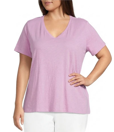 Eileen Fisher Plus Size Organic Cotton Slub Jersey Knit V-Neck Short Sleeve Tee