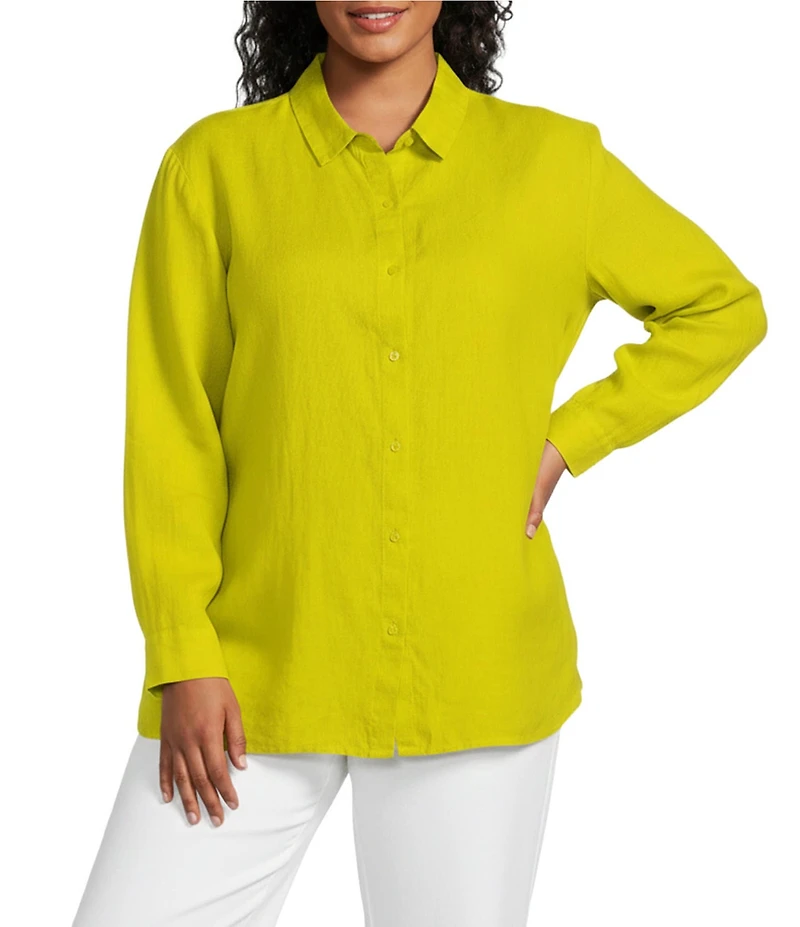Eileen Fisher Plus Size Organic Handkerchief Linen Classic Collar Long Sleeve Shirt