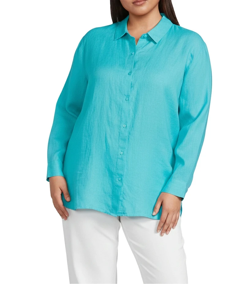 Eileen Fisher Plus Size Organic Handkerchief Linen Classic Collar Long Sleeve Shirt