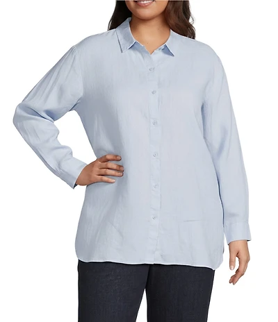 Eileen Fisher Plus Size Organic Handkerchief Linen Classic Collar Long Sleeve Shirt