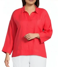 Eileen Fisher Plus Size Organic Linen Classic Collar Long Sleeve Pop-Over Top