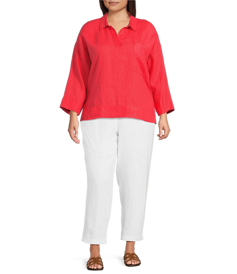 Eileen Fisher Plus Size Organic Linen Classic Collar Long Sleeve Pop-Over Top
