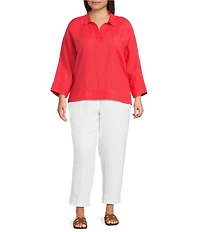 Eileen Fisher Plus Size Organic Linen Classic Collar Long Sleeve Pop-Over Top