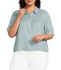 Eileen Fisher Plus Size Organic Linen Classic Point Collar Elbow Sleeve Button Front Shirt