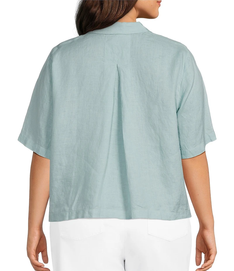 Eileen Fisher Plus Size Organic Linen Classic Point Collar Elbow Sleeve Button Front Shirt