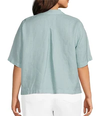 Eileen Fisher Plus Size Organic Linen Classic Point Collar Elbow Sleeve Button Front Shirt