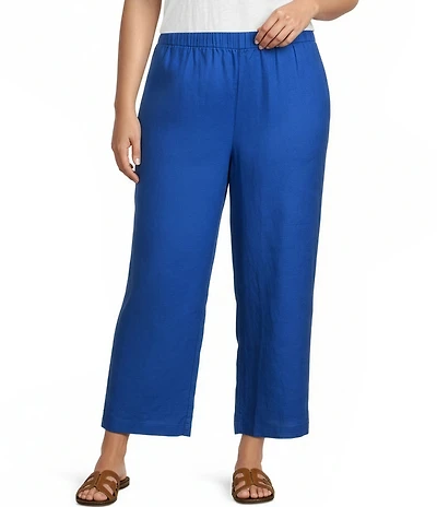 Eileen Fisher Plus Size Organic Linen Elastic Waist Wide Leg Ankle Pants