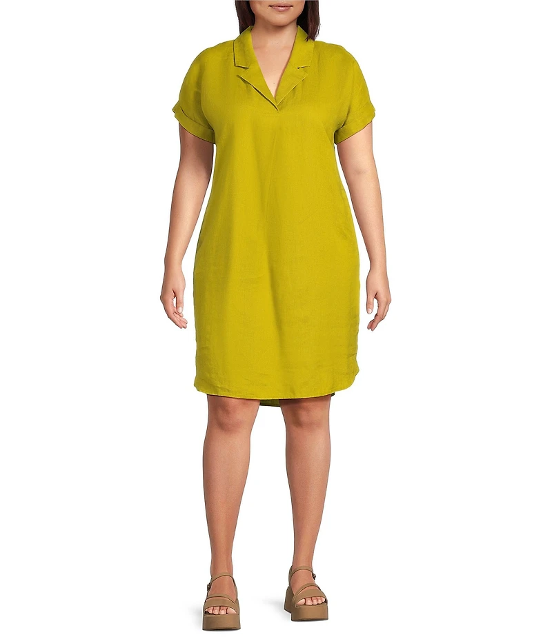 Eileen Fisher Plus Size Organic Linen Notch Collar Cap Sleeve Shirtdress
