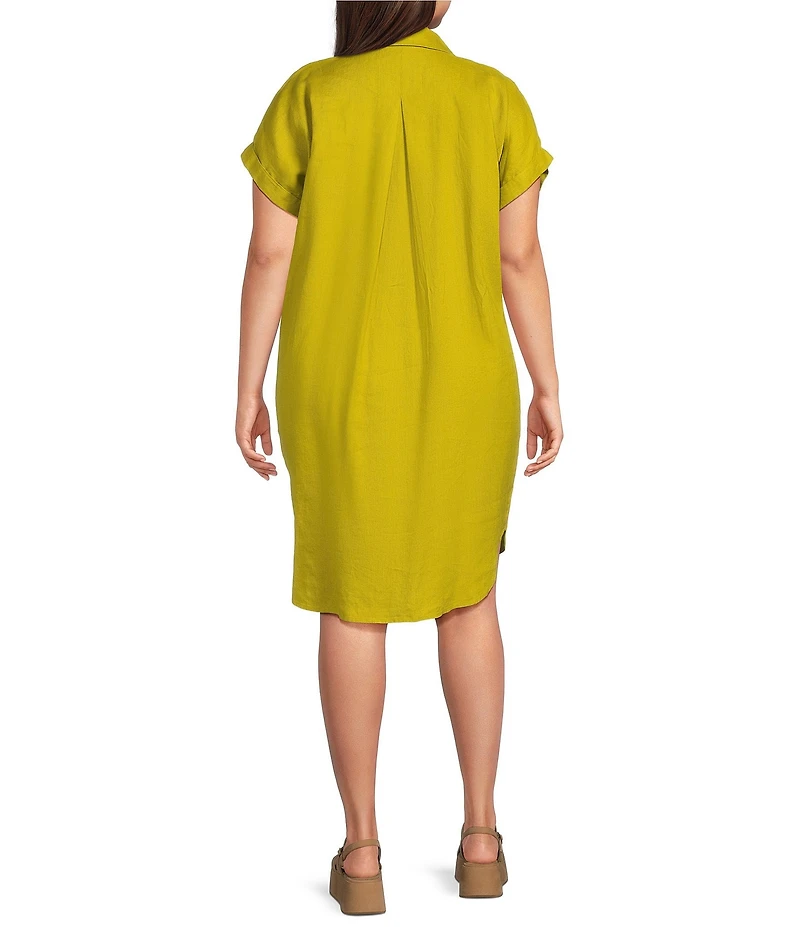 Eileen Fisher Plus Size Organic Linen Notch Collar Cap Sleeve Shirtdress