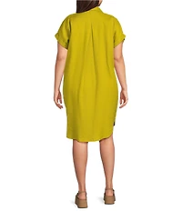 Eileen Fisher Plus Size Organic Linen Notch Collar Cap Sleeve Shirtdress