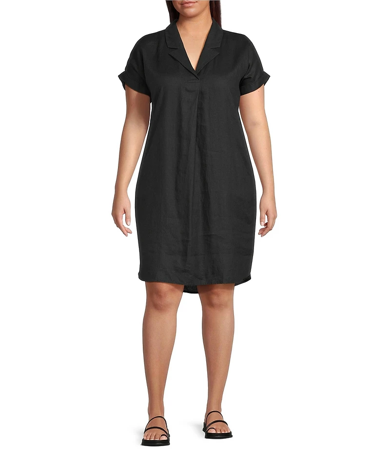 Eileen Fisher Plus Size Organic Linen Notch Collar Cap Sleeve Shirtdress