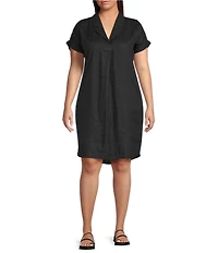 Eileen Fisher Plus Size Organic Linen Notch Collar Cap Sleeve Shirtdress