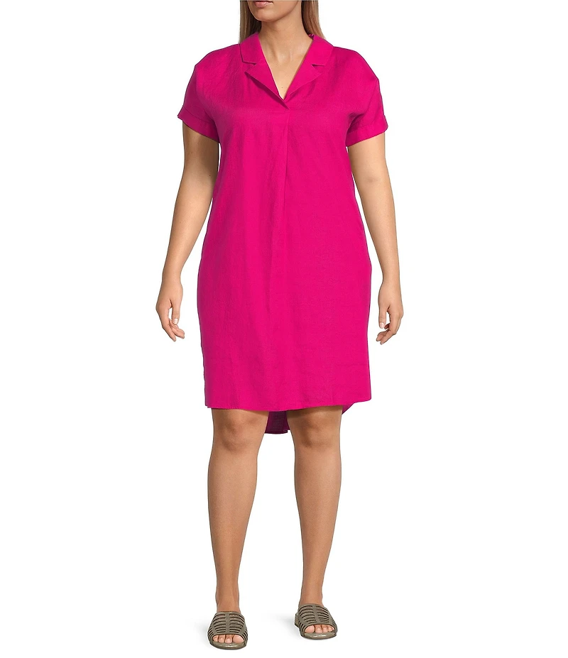 Eileen Fisher Plus Size Organic Linen Notch Collar Cap Sleeve Shirtdress
