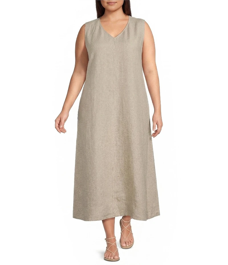 Eileen Fisher Plus Size Organic Linen V-Neck Sleeveless Maxi Dress