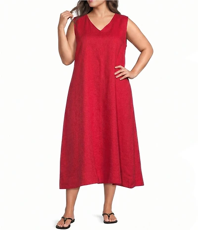 Eileen Fisher Plus Size Organic Linen V-Neck Sleeveless Maxi Dress