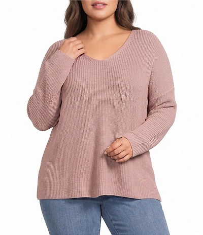Eileen Fisher Plus Size Peruvian Cotton-Blend V-Neck Long Sleeve Sweater