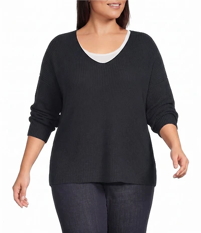 Eileen Fisher Plus Size Peruvian Cotton-Blend V-Neck Long Sleeve Sweater