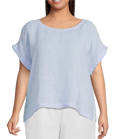 Eileen Fisher Plus Size Puckered Organic Linen Stripe Ballet Neck Cap Sleeve Square Top