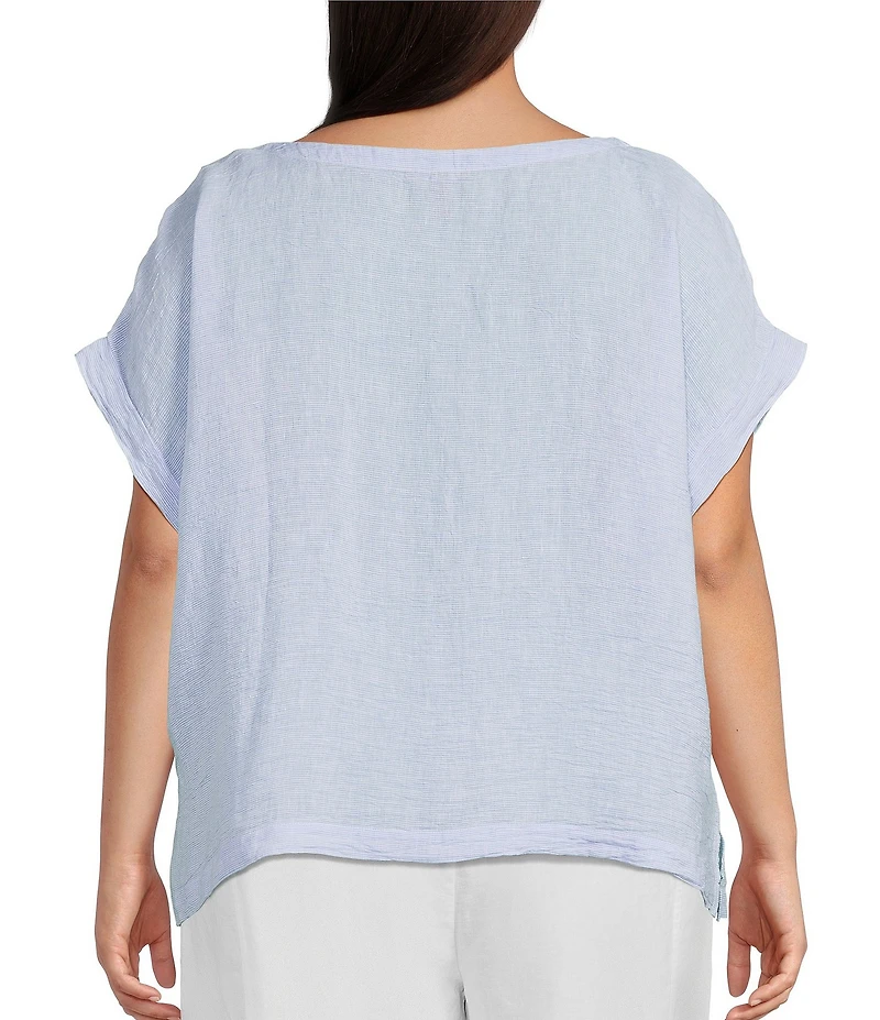 Eileen Fisher Plus Size Puckered Organic Linen Stripe Ballet Neck Cap Sleeve Square Top