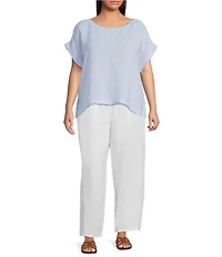 Eileen Fisher Plus Size Puckered Organic Linen Stripe Ballet Neck Cap Sleeve Square Top