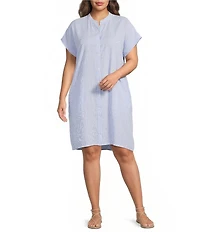 Eileen Fisher Plus Size Puckered Organic Linen Stripe Mandarin Collar Cap Sleeve Dress