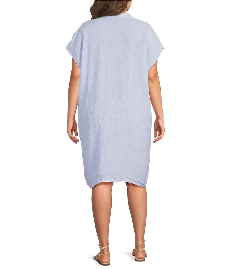 Eileen Fisher Plus Size Puckered Organic Linen Stripe Mandarin Collar Cap Sleeve Dress