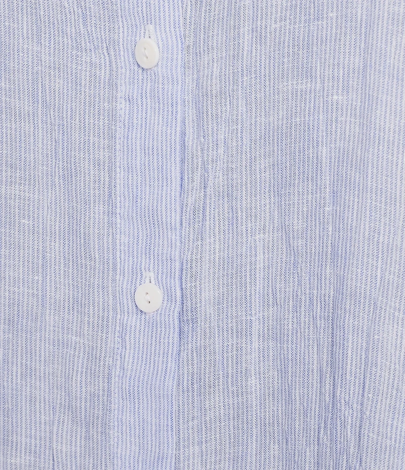 Eileen Fisher Plus Size Puckered Organic Linen Stripe Mandarin Collar Cap Sleeve Dress